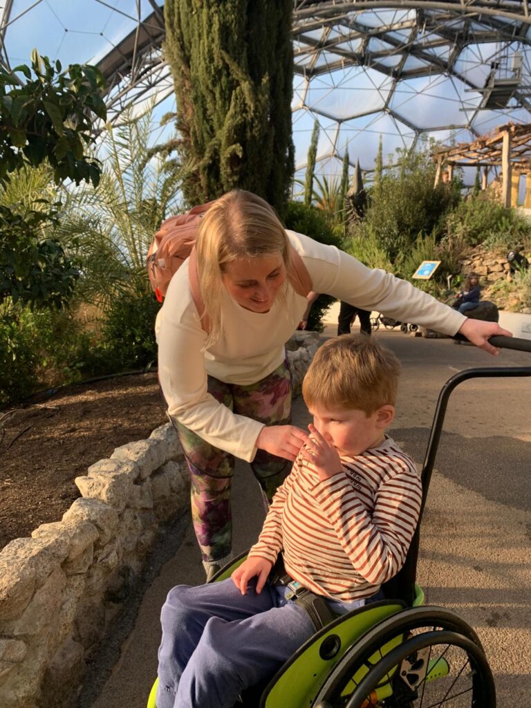 Oakley and mum Amy at Eden project exploring in a biosphere